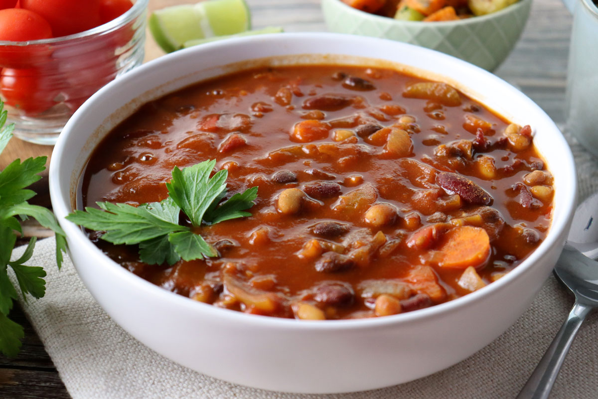 Spicy Three Bean Veggie Chili - Plant-Based Diet Recipe