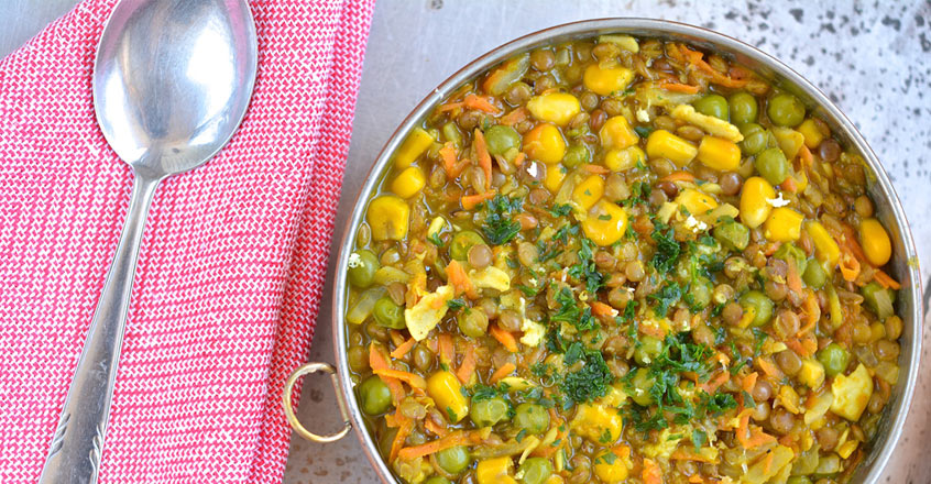 Brown Lentil Stew with Corn and Green Peas Recipe