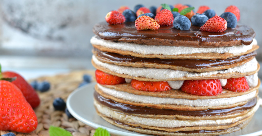 Pancake Cake With Cashew-Buckwheat Ricotta & Date-Chocolate Cream