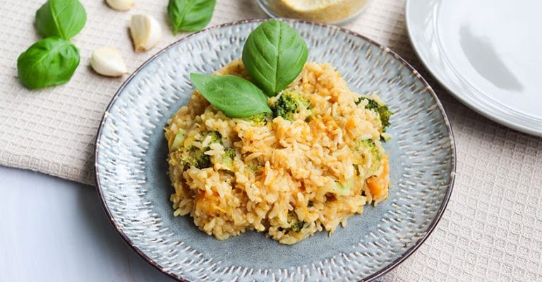 Brown Rice Risotto With Caramelized Onions, Squash and Broccoli