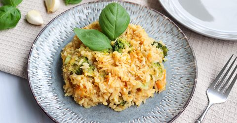 Brown Rice Risotto With Caramelized Onions, Squash and Broccoli