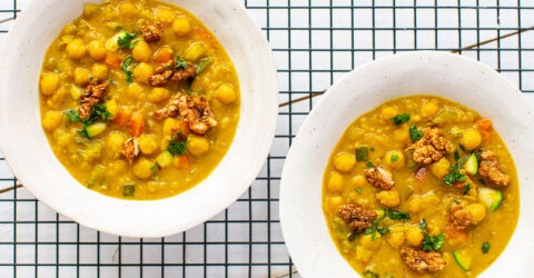 Chickpea & Vegetable Soup With Crunchy Peanut Butter & Walnut Croutons