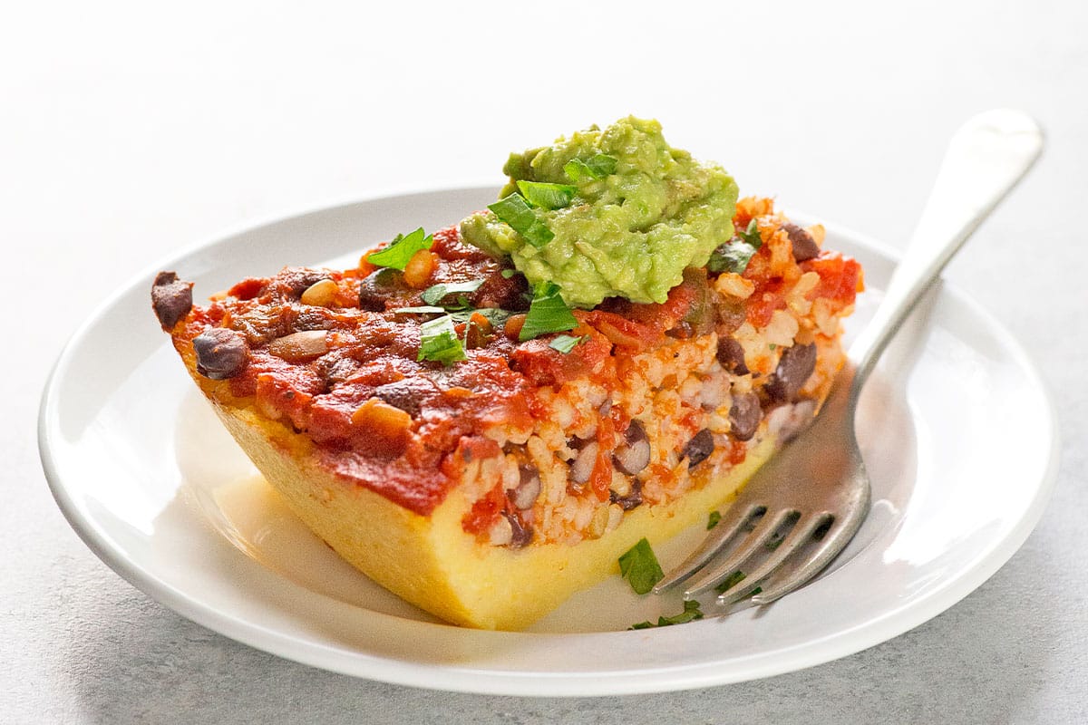 Polenta Pie with Rice and Beans, Salsa, and Guacamole