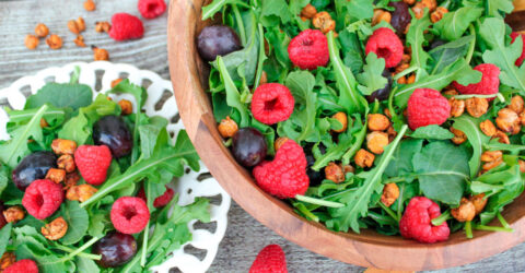 Green Salad with Raspberries and Roasted Chickpeas